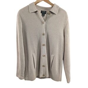 Lauren Ralph Lauren Womens 100% Cotton Sweater Jacket sz‎ PM Tan Lined Old Money